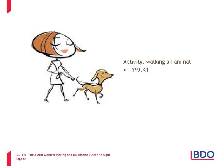 Activity, walking an animal • Y 93. K 1 ICD-10: The Alarm Clock is