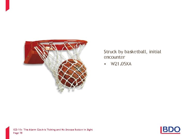 Struck by basketball, initial encounter • W 21. 05 XA ICD-10: The Alarm Clock