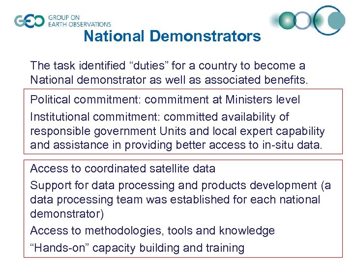 National Demonstrators The task identified “duties” for a country to become a National demonstrator