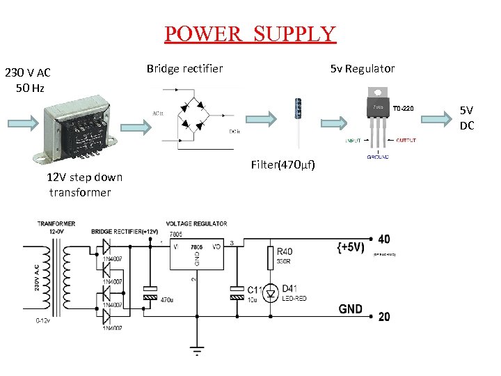 POWER SUPPLY 230 V AC 50 Hz Bridge rectifier 5 v Regulator 5 V