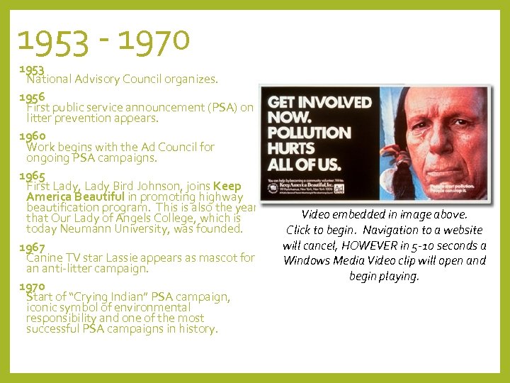 1953 - 1970 1953 National Advisory Council organizes. 1956 First public service announcement (PSA)