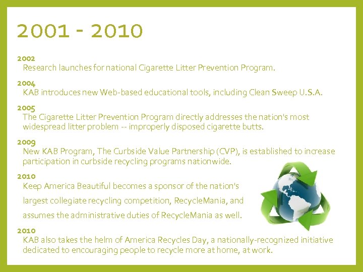 2001 - 2010 2002 Research launches for national Cigarette Litter Prevention Program. 2004 KAB
