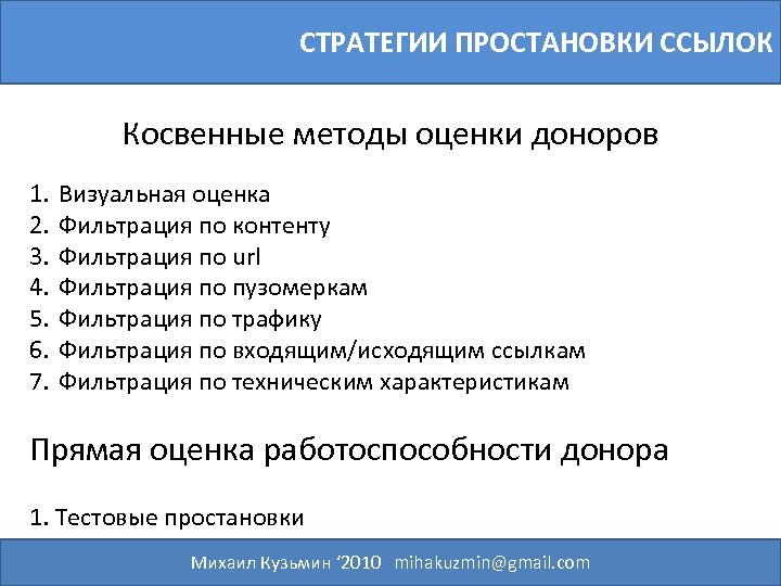 СТРАТЕГИИ ПРОСТАНОВКИ ССЫЛОК Косвенные методы оценки доноров 1. 2. 3. 4. 5. 6. 7.
