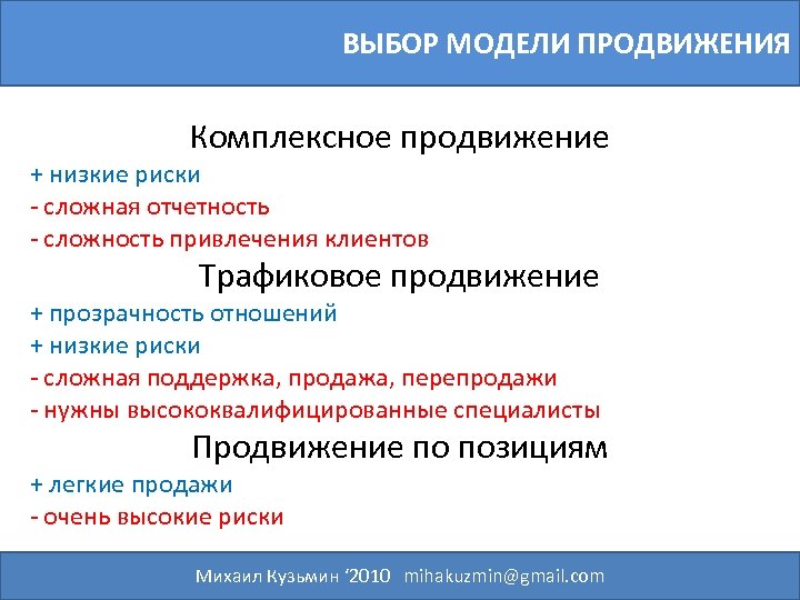 ВЫБОР МОДЕЛИ ПРОДВИЖЕНИЯ Комплексное продвижение + низкие риски - сложная отчетность - сложность привлечения