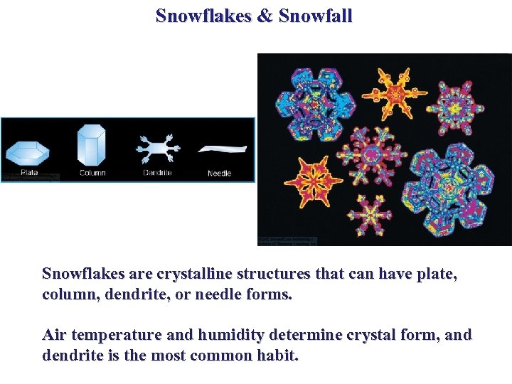 Snowflakes & Snowfall Snowflakes are crystalline structures that can have plate, column, dendrite, or