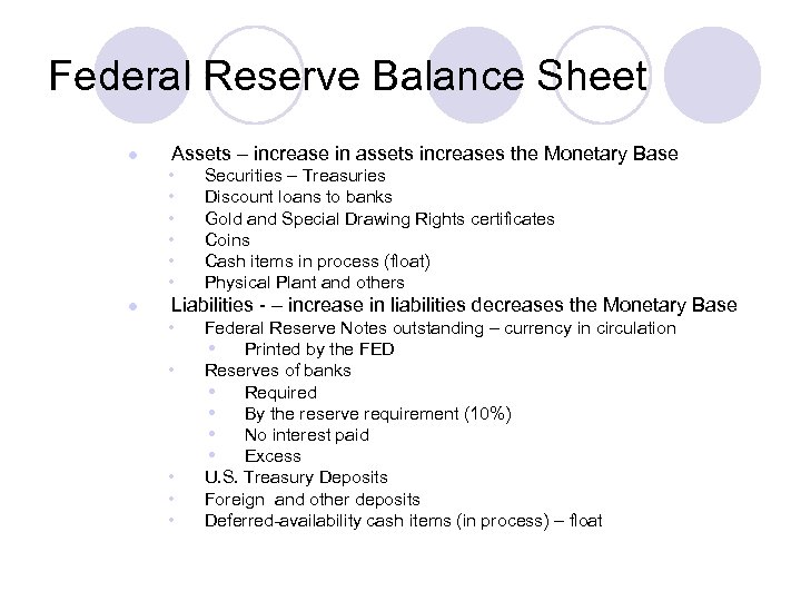 Federal Reserve Balance Sheet l Assets – increase in assets increases the Monetary Base