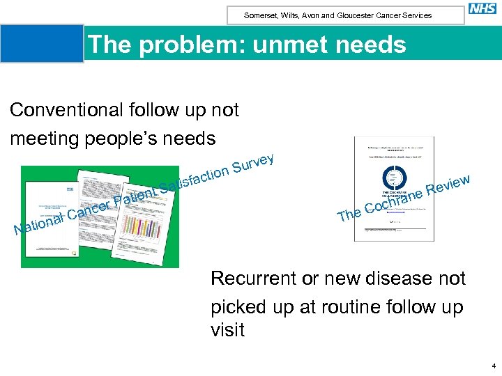 Somerset, Wilts, Avon and Gloucester Cancer Services The problem: unmet needs Conventional follow up