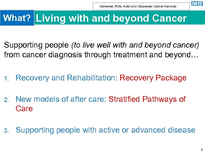 Somerset, Wilts, Avon and Gloucester Cancer Services What? Living with and beyond Cancer Supporting