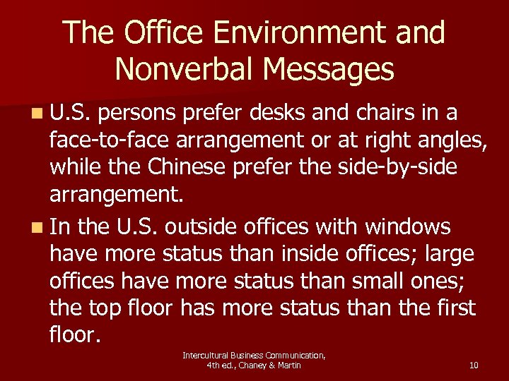 The Office Environment and Nonverbal Messages n U. S. persons prefer desks and chairs