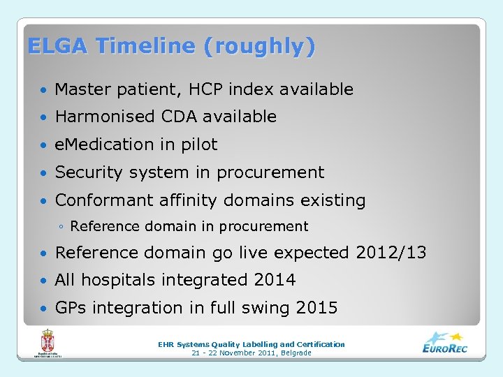 ELGA Timeline (roughly) Master patient, HCP index available Harmonised CDA available e. Medication in