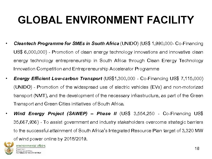 GLOBAL ENVIRONMENT FACILITY • Cleantech Programme for SMEs in South Africa (UNIDO) (US$ 1,