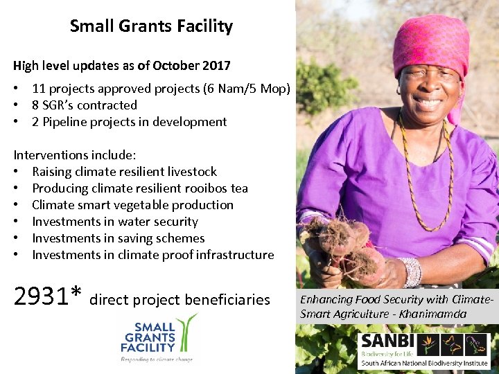 Small Grants Facility High level updates as of October 2017 • 11 projects approved