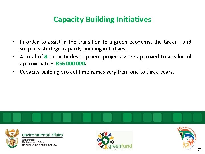 Capacity Building Initiatives • In order to assist in the transition to a green