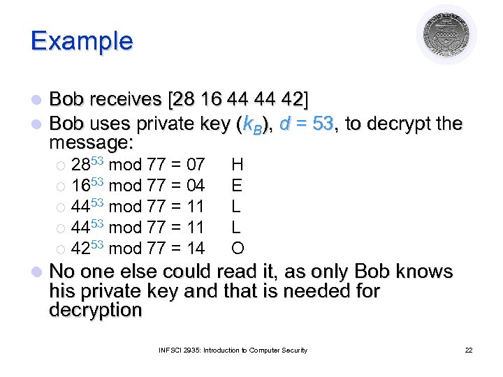 Example l l Bob receives [28 16 44 44 42] Bob uses private key