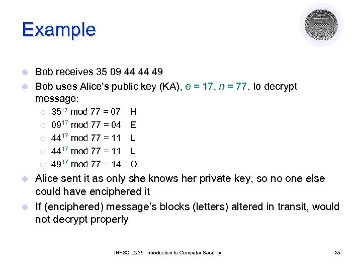 Example Bob receives 35 09 44 44 49 l Bob uses Alice’s public key