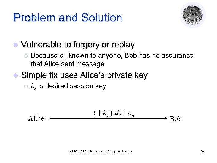 Problem and Solution l Vulnerable to forgery or replay ¡ l Because e. B