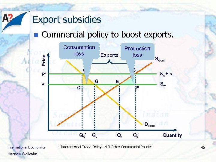Export subsidies Commercial policy to boost exports. Price n Consumption loss Exports P B