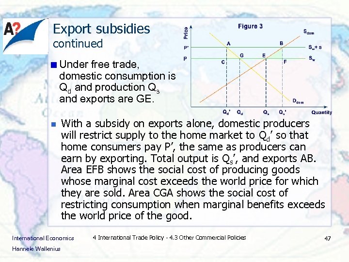 Export subsidies continued Under free trade, domestic consumption is Qd and production Qs and