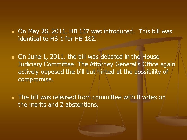 n n n On May 26, 2011, HB 137 was introduced. This bill was