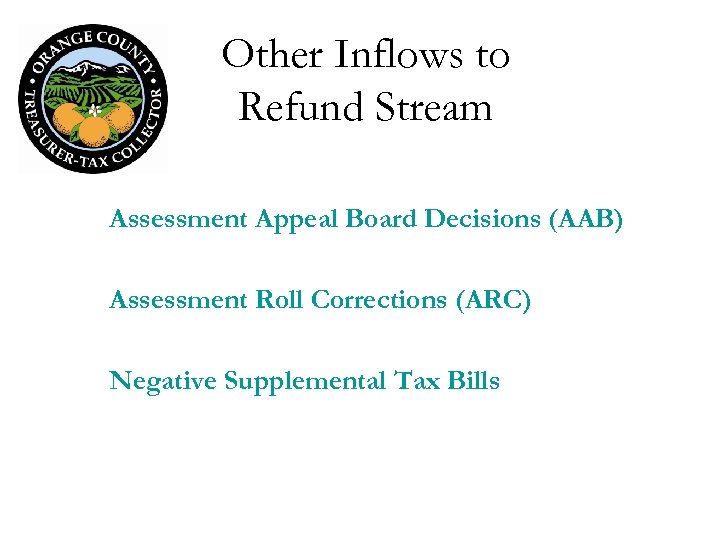 Other Inflows to Refund Stream Assessment Appeal Board Decisions (AAB) Assessment Roll Corrections (ARC)