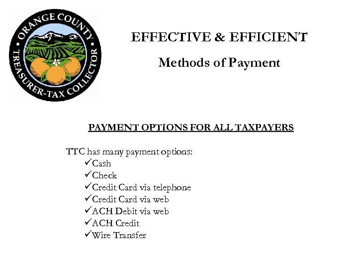 EFFECTIVE & EFFICIENT Methods of Payment PAYMENT OPTIONS FOR ALL TAXPAYERS TTC has many