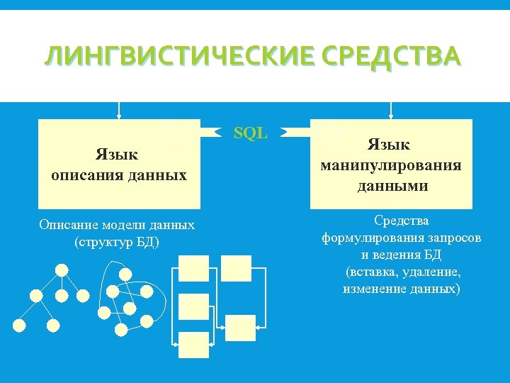 ЛИНГВИСТИЧЕСКИЕ СРЕДСТВА SQL Язык описания данных Описание модели данных (структур БД) Язык манипулирования данными