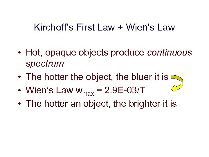 Kirchoff’s First Law + Wien’s Law • Hot, opaque objects produce continuous spectrum •
