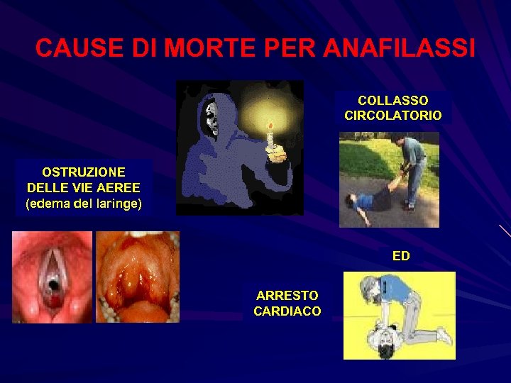 CAUSE DI MORTE PER ANAFILASSI COLLASSO CIRCOLATORIO OSTRUZIONE DELLE VIE AEREE (edema del laringe)