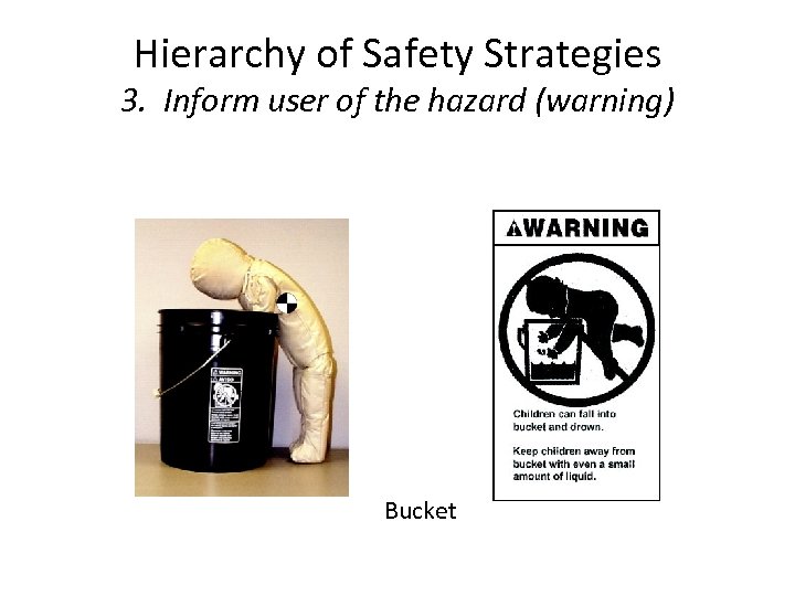 Hierarchy of Safety Strategies 3. Inform user of the hazard (warning) Bucket 