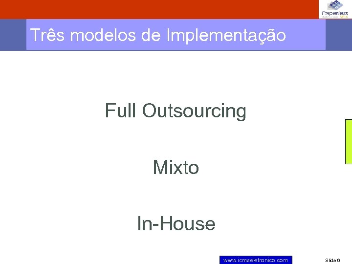 Três modelos de Implementação Full Outsourcing Mixto In-House www. icmseletronico. com Slide 6 