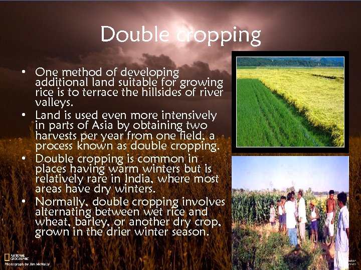 Double cropping • One method of developing additional land suitable for growing rice is