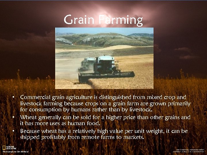 Grain Farming • Commercial grain agriculture is distinguished from mixed crop and livestock farming