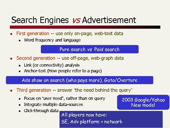 Search Engines vs Advertisement n First generation -- use only on-page, web-text data n