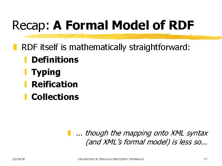 Recap: A Formal Model of RDF z RDF itself is mathematically straightforward: y Definitions