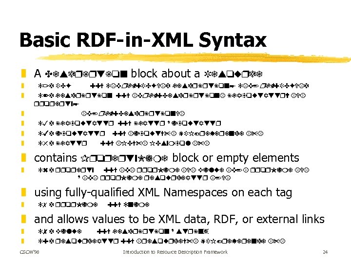 Basic RDF-in-XML Syntax z A Description block about a Resource z z z [1]