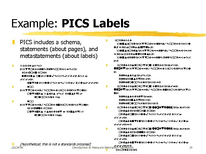 Example: PICS Labels z PICS includes a schema, statements (about pages), and metastatements (about