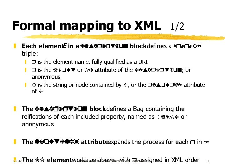 Formal mapping to XML 1/2 z Each element in a Description block E defines