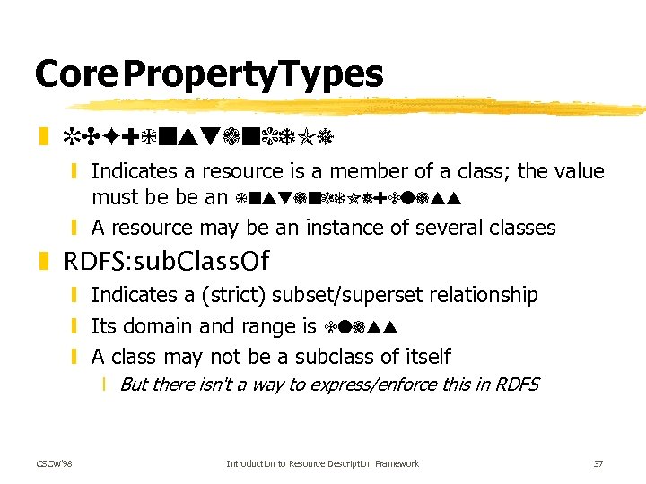 Core Property. Types z RDF: instance. Of y Indicates a resource is a member