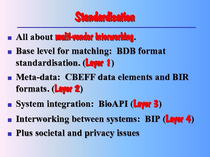 Standardisation n n n All about multi-vendor interworking. Base level for matching: BDB format