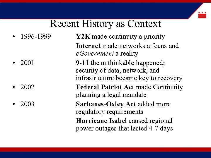 Recent History as Context • 1996 -1999 • 2001 • 2002 • 2003 Y