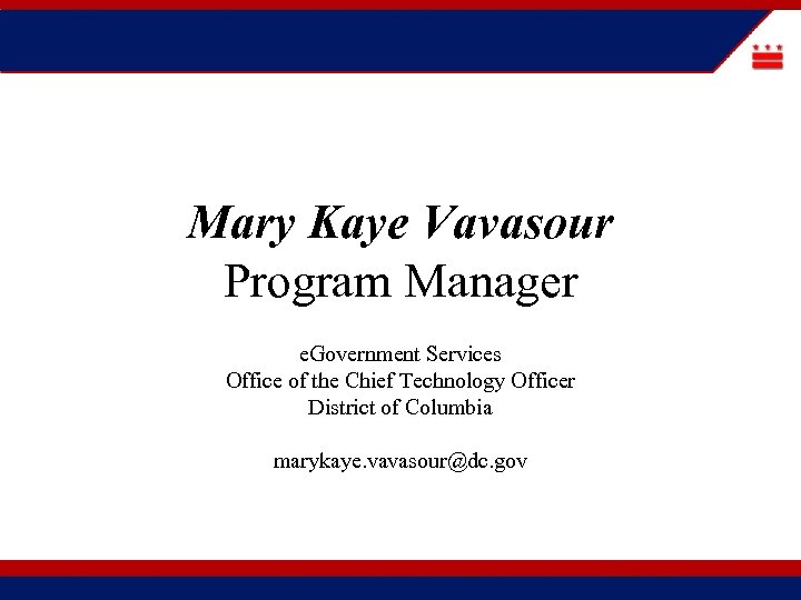 Mary Kaye Vavasour Program Manager e. Government Services Office of the Chief Technology Officer