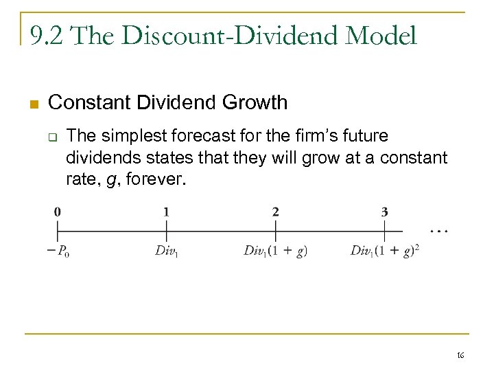 9. 2 The Discount-Dividend Model n Constant Dividend Growth q The simplest forecast for
