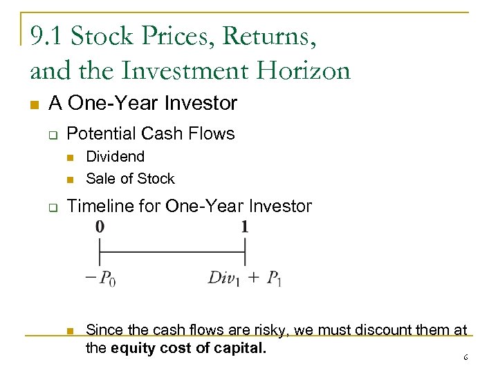 9. 1 Stock Prices, Returns, and the Investment Horizon n A One-Year Investor q