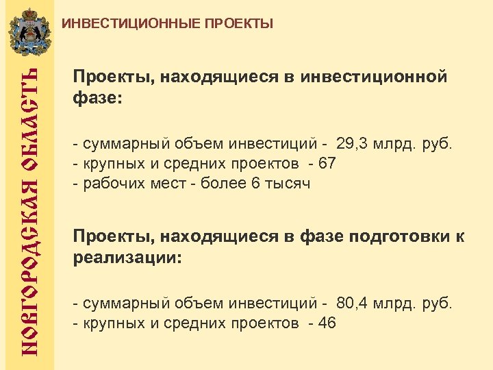 НОВГОРОДСКАЯ ОБЛАСТЬ ИНВЕСТИЦИОННЫЕ ПРОЕКТЫ Проекты, находящиеся в инвестиционной фазе: - суммарный объем инвестиций -