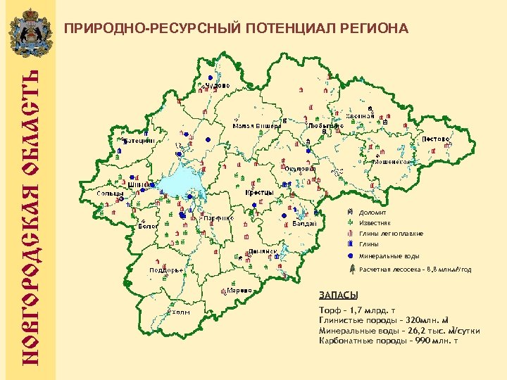 НОВГОРОДСКАЯ ОБЛАСТЬ ПРИРОДНО-РЕСУРСНЫЙ ПОТЕНЦИАЛ РЕГИОНА Доломит Известняк Глины легкоплавкие Глины Минеральные воды Расчетная лесосека
