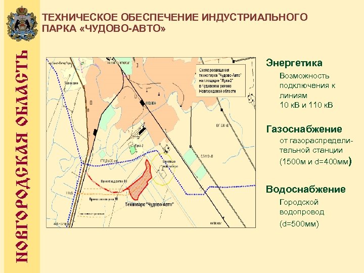 НОВГОРОДСКАЯ ОБЛАСТЬ ТЕХНИЧЕСКОЕ ОБЕСПЕЧЕНИЕ ИНДУСТРИАЛЬНОГО ПАРКА «ЧУДОВО-АВТО» Энергетика Возможность подключения к линиям 10 к.