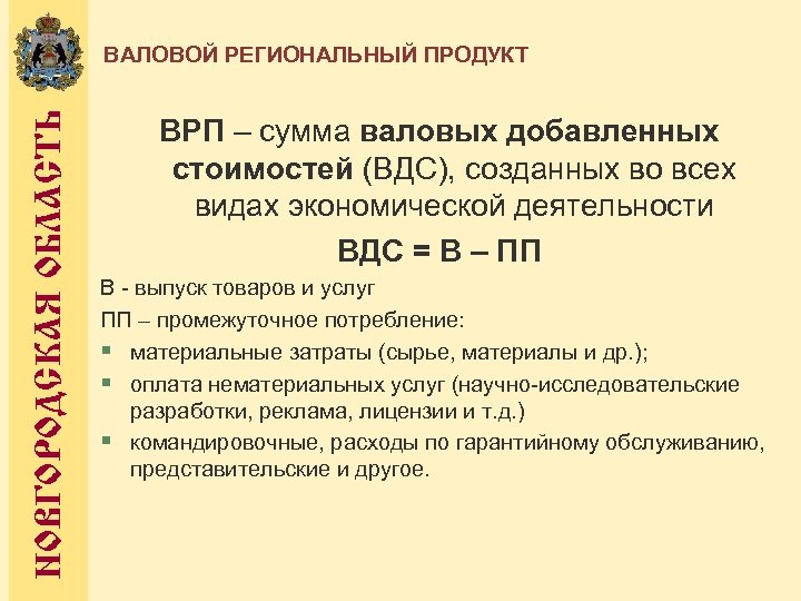 НОВГОРОДСКАЯ ОБЛАСТЬ ВАЛОВОЙ РЕГИОНАЛЬНЫЙ ПРОДУКТ ВРП – сумма валовых добавленных стоимостей (ВДС), созданных во