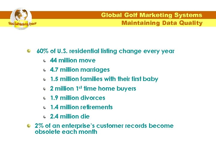 Global Golf Marketing Systems Maintaining Data Quality 60% of U. S. residential listing change