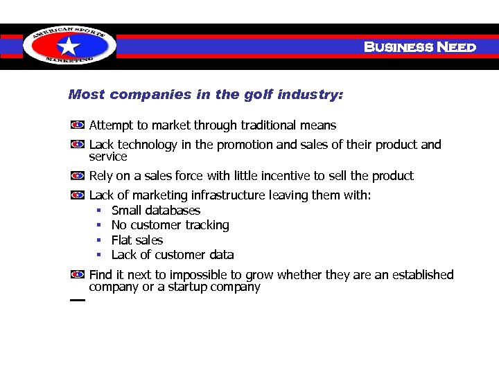 Investment Business Need Most companies in the golf industry: Attempt to market through traditional