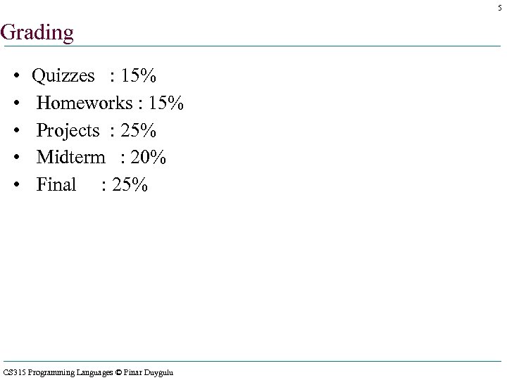 5 Grading • • • Quizzes : 15% Homeworks : 15% Projects : 25%